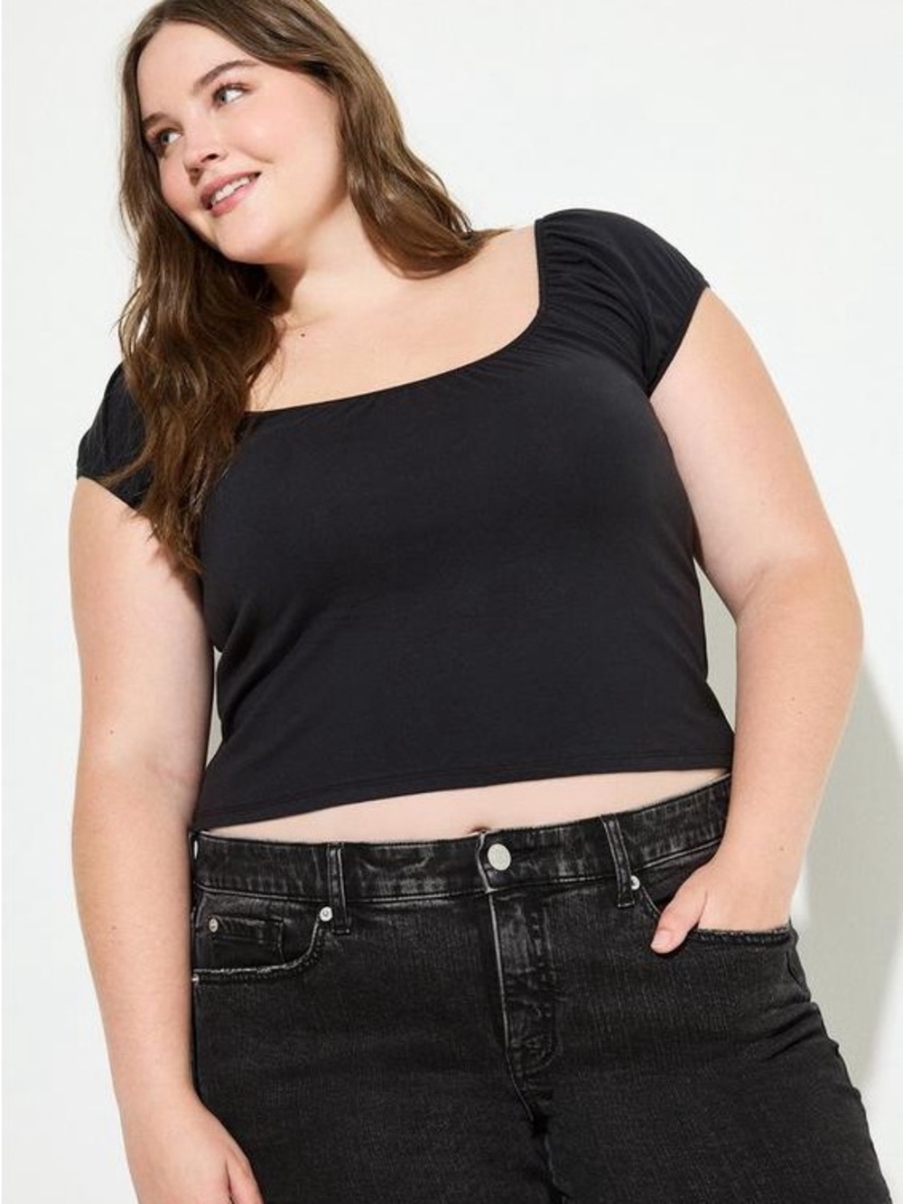 Lovesick by Torrid Black Women's Puff Sleeve Scoop Neck Crop Top